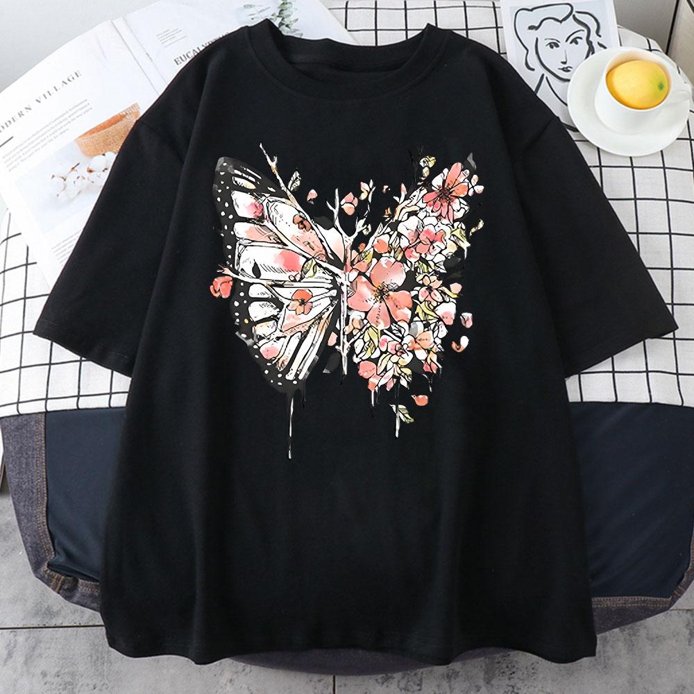 Футболки с рисунком бабочки и цветка, женская футболка Kawaii, 100% хлопок, мягкие футболки с коротким рукавом, повседневные топы высокого качества