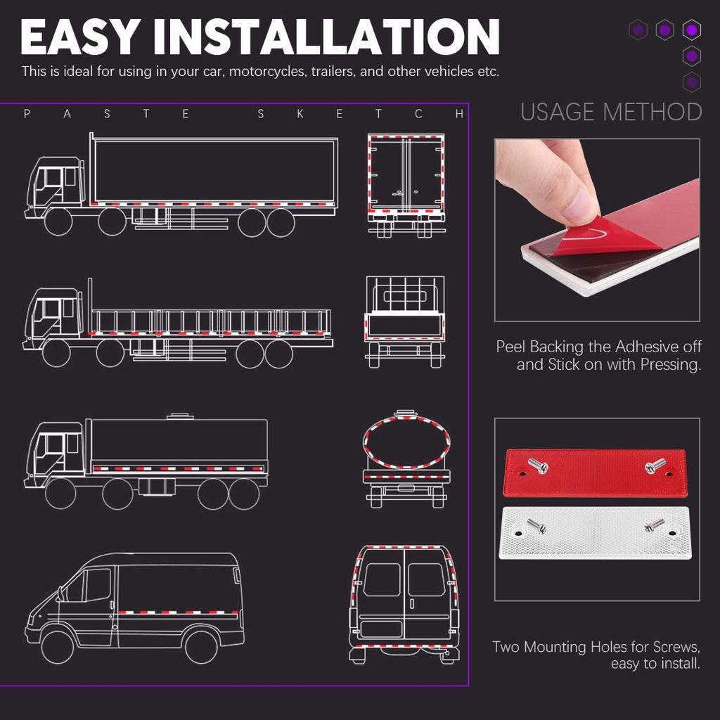 Swpeet 20Pcs Universal Red + White Plastic Rectangular Stick-on Car Reflector Sticker, Door Reflectors Interior Red + White Compatible Warning Plate