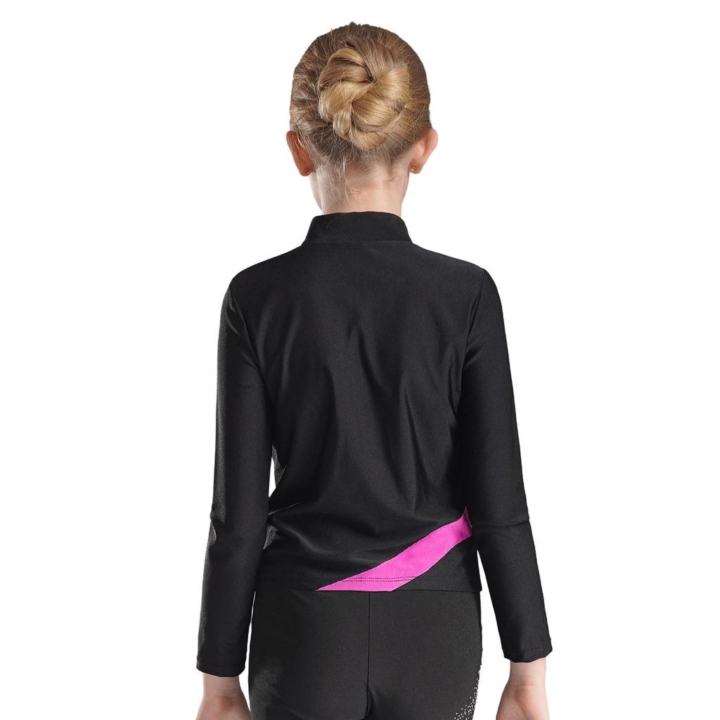 Girls Shiny Rhinestone Star Sports Top Contrast Color Long Sleeve Stand Collar Zipper Sweatshirt Gymnastics Wear