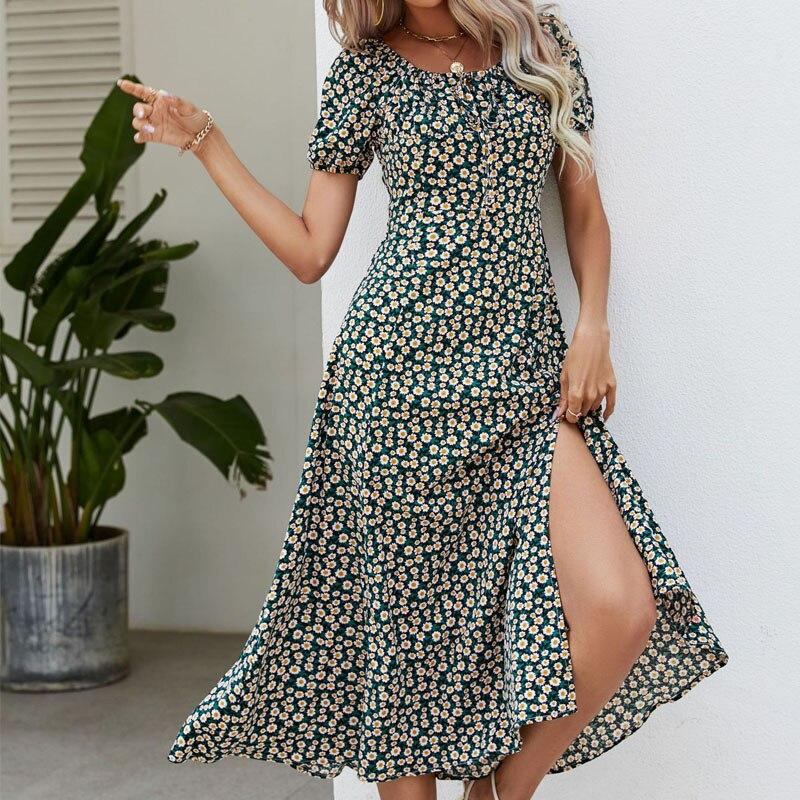 Повседневное летнее платье трапециевидной формы с квадратным вырезом, женское зеленое платье с пышными рукавами, женские элегантные платья с высокой талией и цветочным принтом, женская одежда 25278