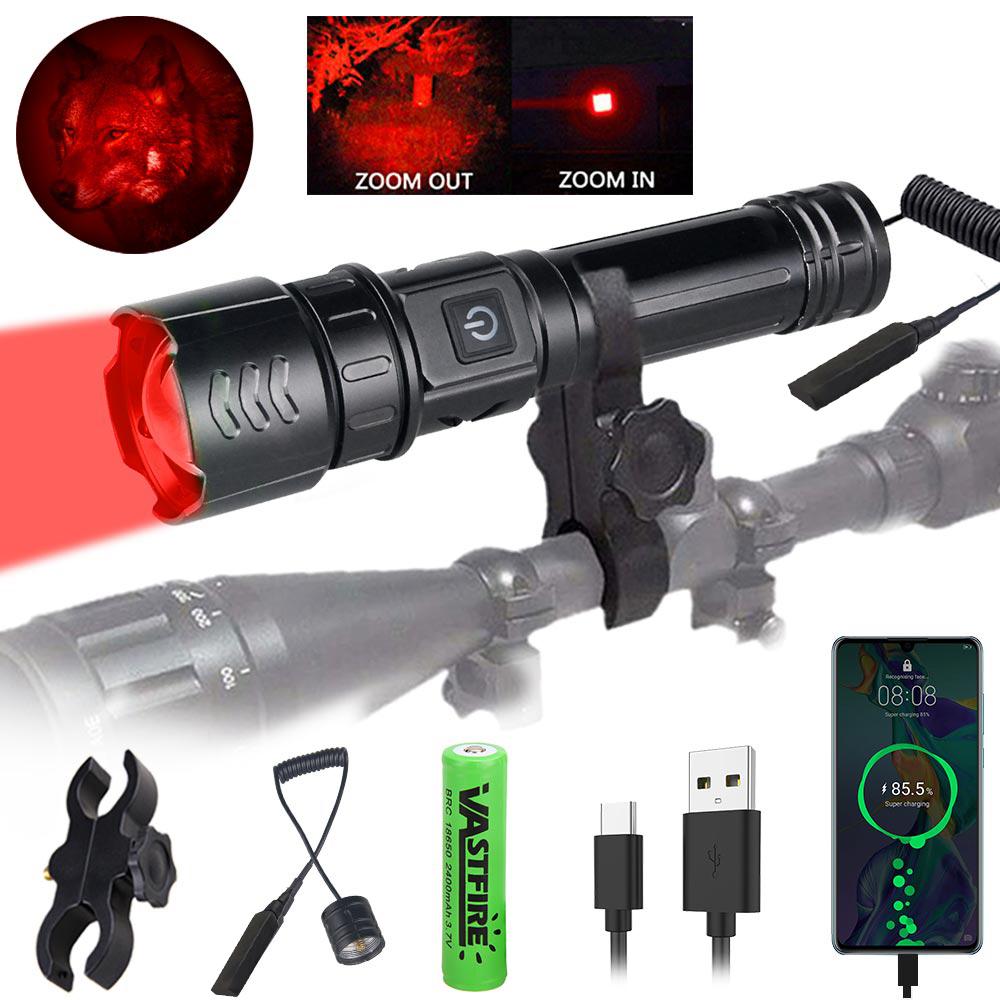 Tactical Zoomable Hunting Flashlight Green Red White LED Torch 5 Modes Type-C Fast Charging Lantern for Camping Fishing