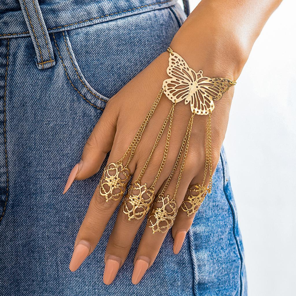 Vintage Open Hollow Finger Ring Link Chain Butterfly Bracelet for Women Punk Gold Color Cuban Chain Hand Jewelry Party