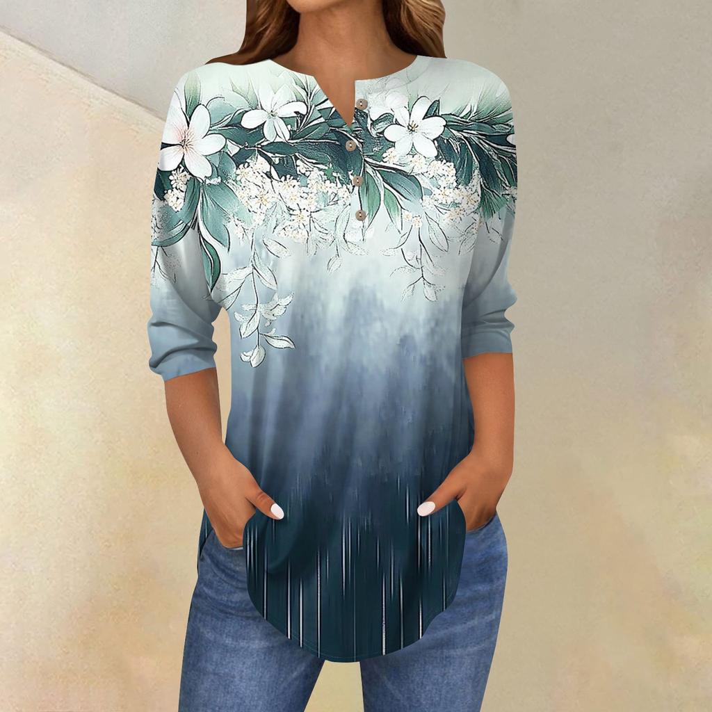 Женская свободная футболка с воротником на пуговицах и винтажным цветочным принтом, рукав три четверти