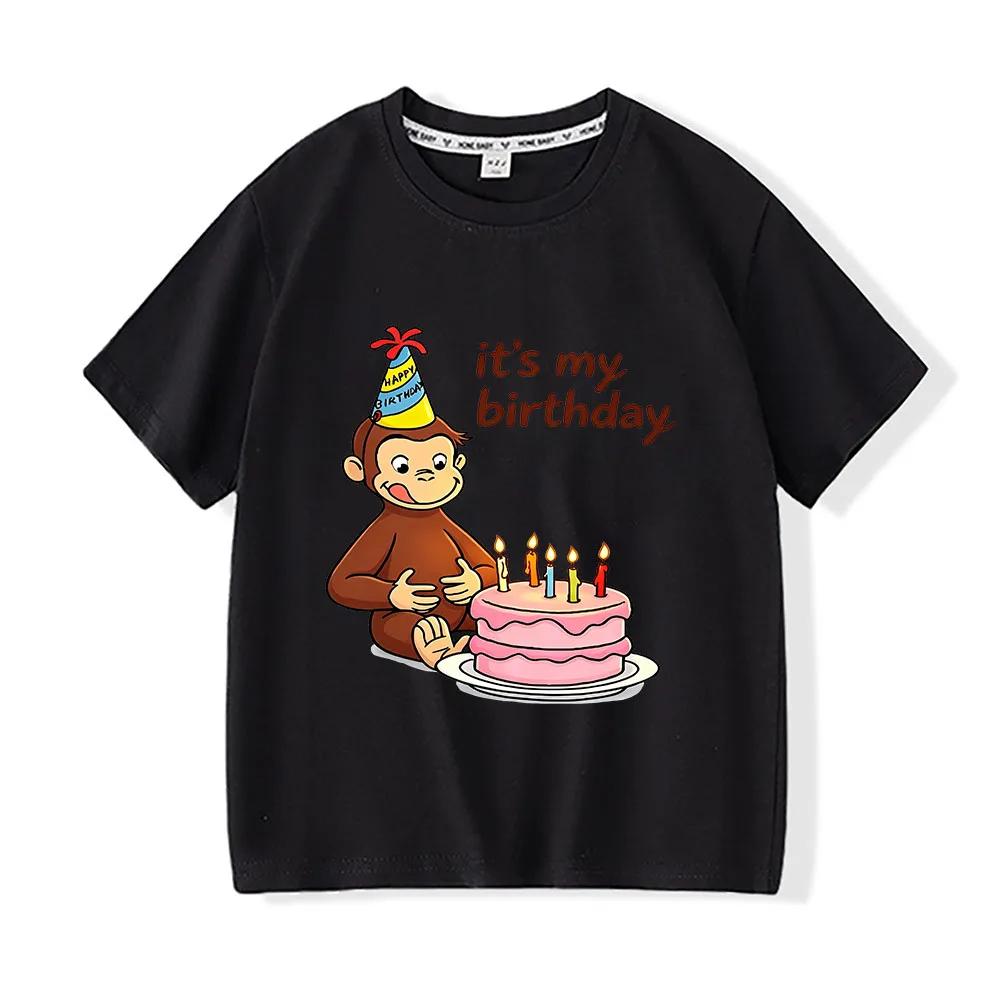 Curious George 100 Cotton Childrens Tshirt Happy Birthday Cartoon Print Tees Oneck Boys Girls Short Sleeve Kids Tops Summer