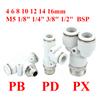 PB PD PX M5 1/8" 1/4" 3/8" 1/2" BSPT Наружная 4 6 8 10 12 14 мм Наружный диаметр Трубки Т-образный 3-ходовой Пневматический Быстроразъемный Быстросъемный Компрессор
