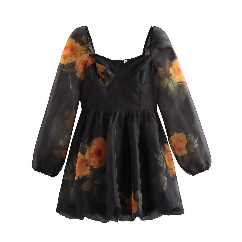 2024 Autumn Women's European-American Fashion Tulip Print Organza Skirt