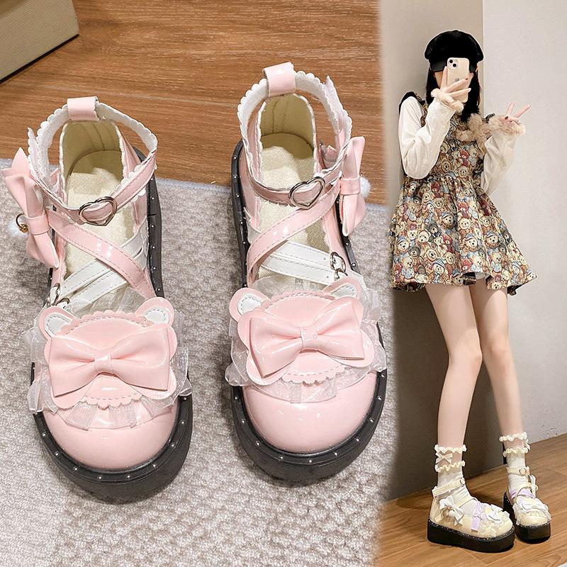 Small Leather Shoes Bow Cute Mary Jane Shoes 2025 New Loli Women Sweet Lace Edge Thick Heel Buckle Leather Shoes
