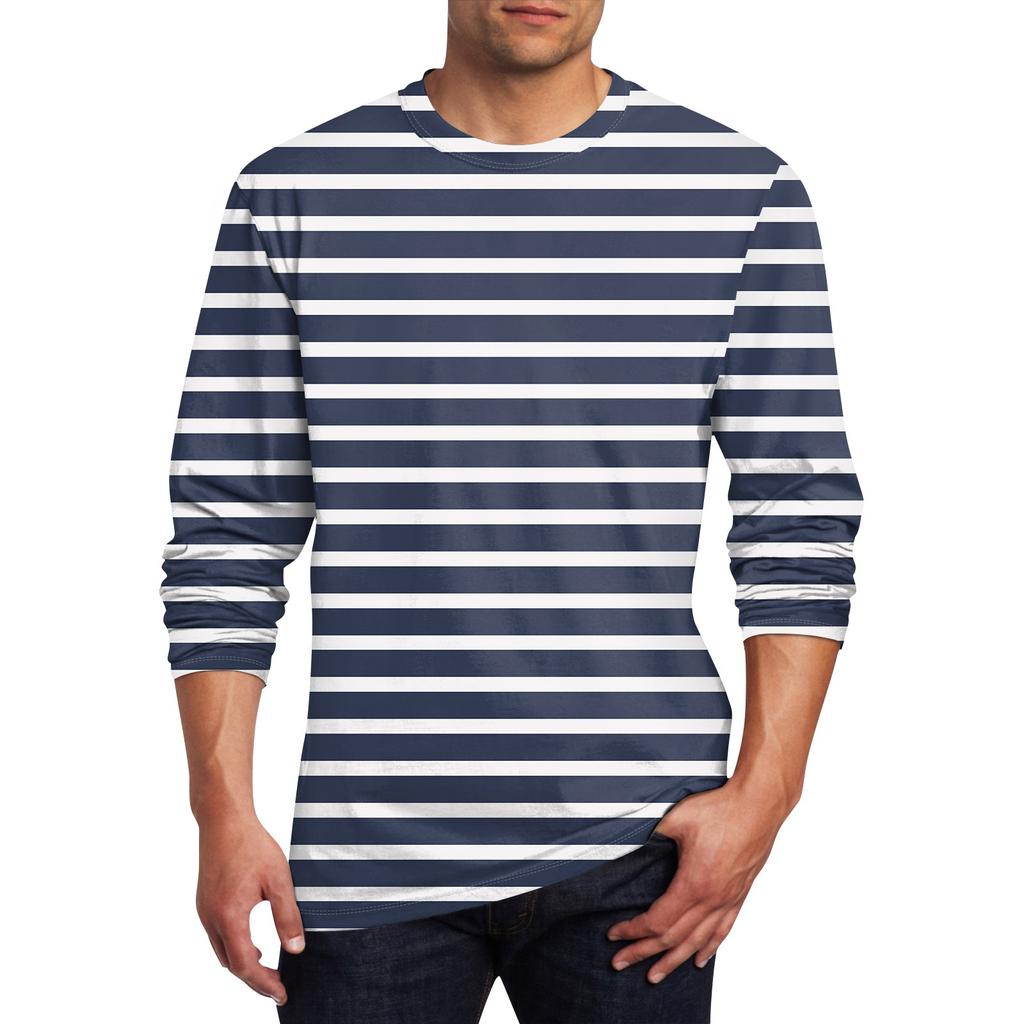 Spring and Autumn Round Neck 3D Printed Striped T-shirts Fashionable Casual Long Sleeved Men's T-shirts