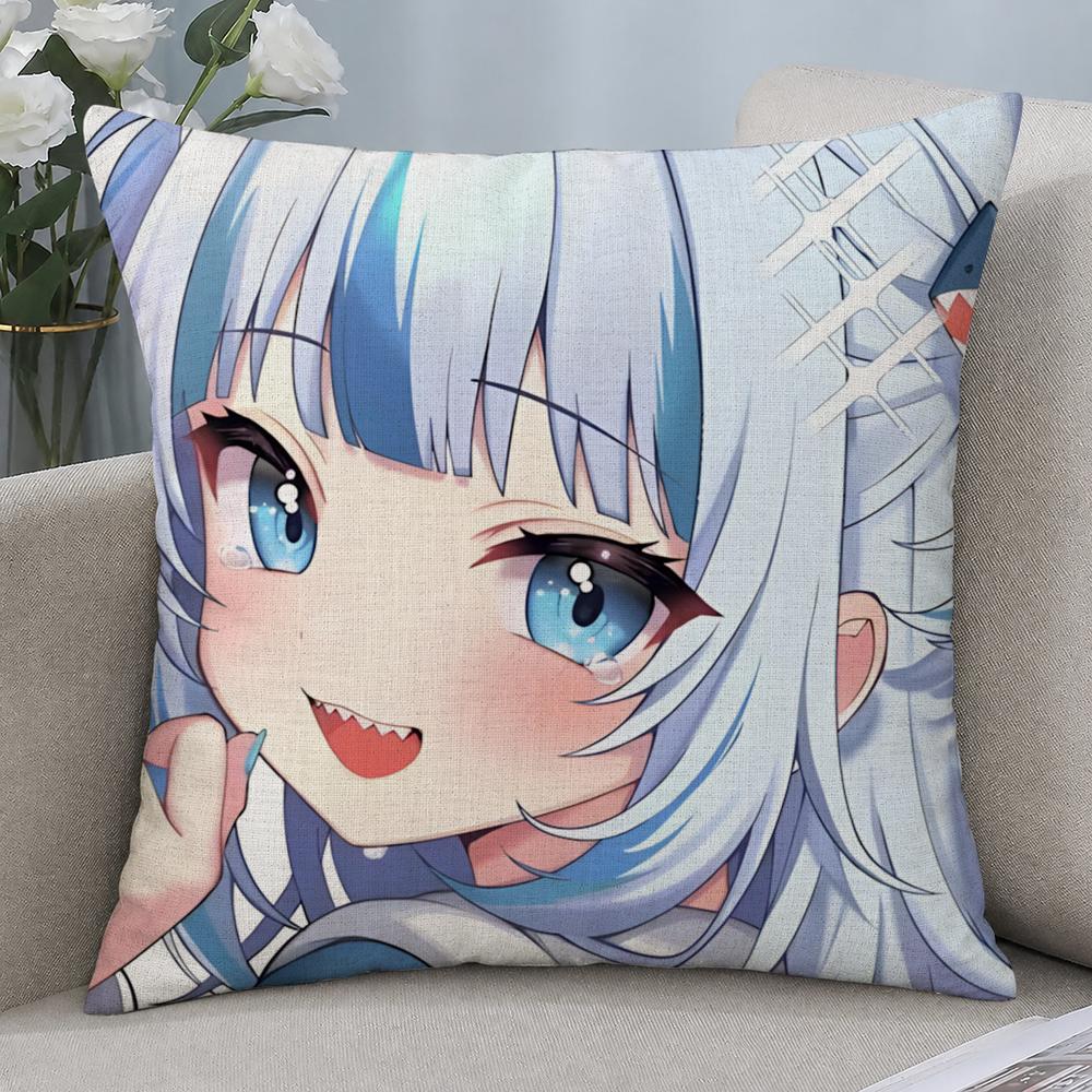 VTuber Gawr Gura Cute Cushion Cover Cushion Covers Natural Linen Breathable Sofa Bedroom Decor Pillowcase