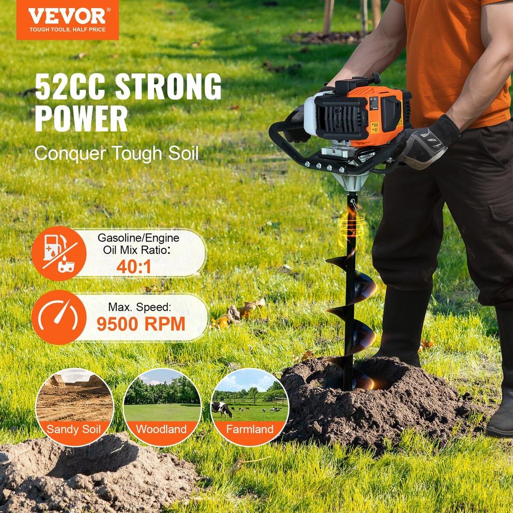 Gas Post Hole Digger 52CC 1450W with 6” & 10” Drill Bits &3 Extension Rod