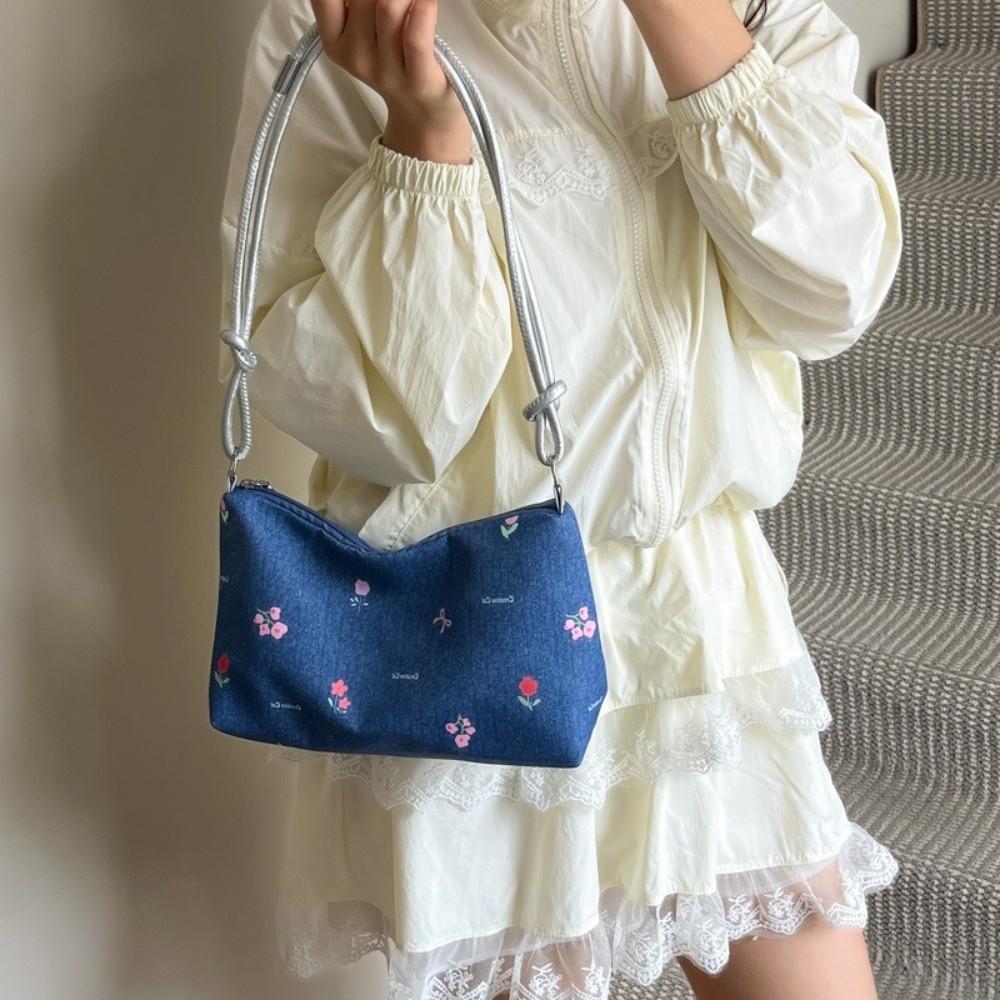 Korean Bow Underarm Bag Blue Women's Handbag Trendy Denim Shoulder Bag Female