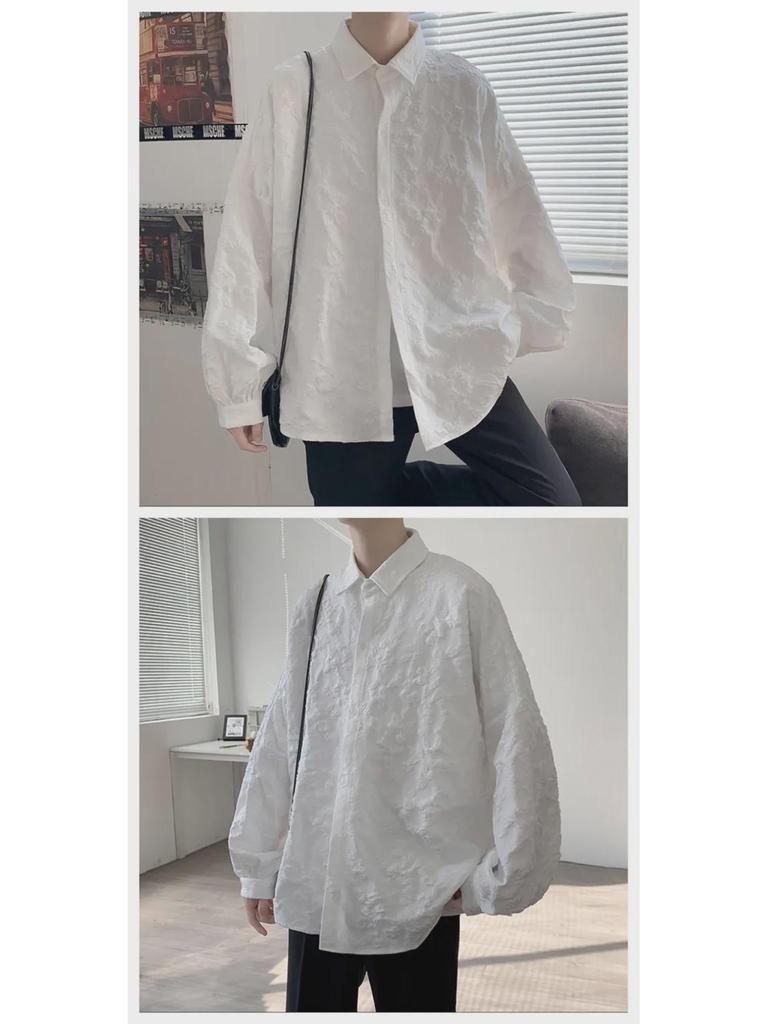 Мужская белая рубашка Harajuku с длинным рукавом — модная японская мода, свободный повседневный крой с принтом в виде пены.