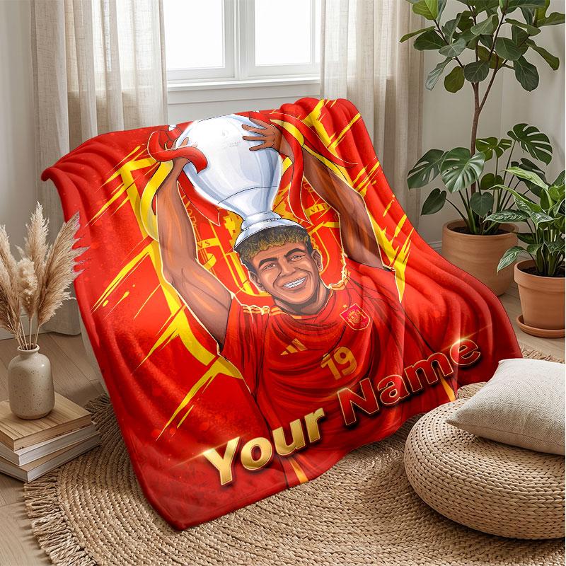 Lamine Yamal Custom Name Text Flannel Blanket Soccer Logo Personalized Fleece Throw Blanket Special Gift For Sofa Bedroom Home