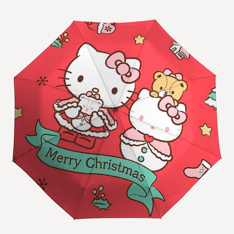 1pc Hello Kitty Christmas Edition Automatic Opening/Closing Umbrella with Foldable Design, 8-Rib Iron Frame Outdoor Umbrella, Festive Gift for Fans, T