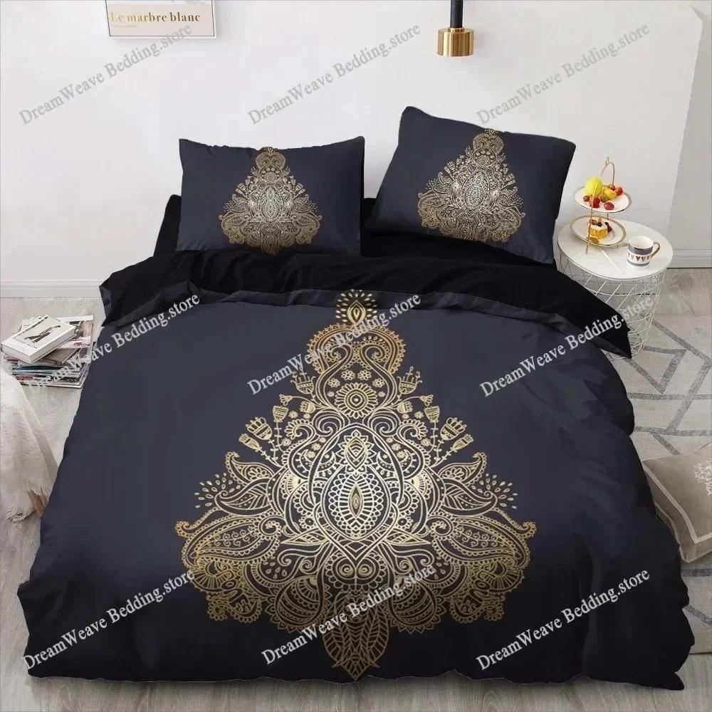 3D Printed  Black Bedding Set Pillowcase King Queen Full Single Bed Gold Design Duvet Cover Set for Teens Women Luxury Gift