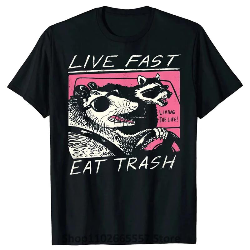 Футболка Live Fast Eat Trash Unisex с забавным рисунком енота Футболка Unisex Camisas Hombre feУнисекс повседневная футболка Harajuku унисекс футболка