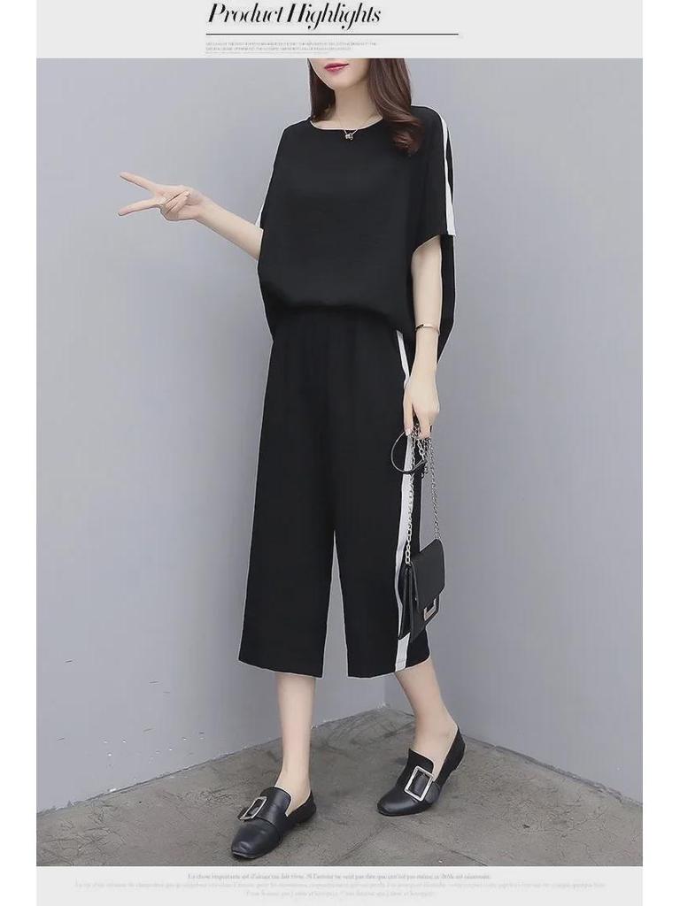 Корейский женский повседневный костюм-двойка больших размеров - Летняя коллекция, свободный крой, короткие рукава с укороченными брюками