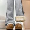 Серые полосатые спортивные штаны из овечьей шерсти, женские новые осенне-зимние бархатные термо-спортивные штаны с высокой талией и широкими штанинами