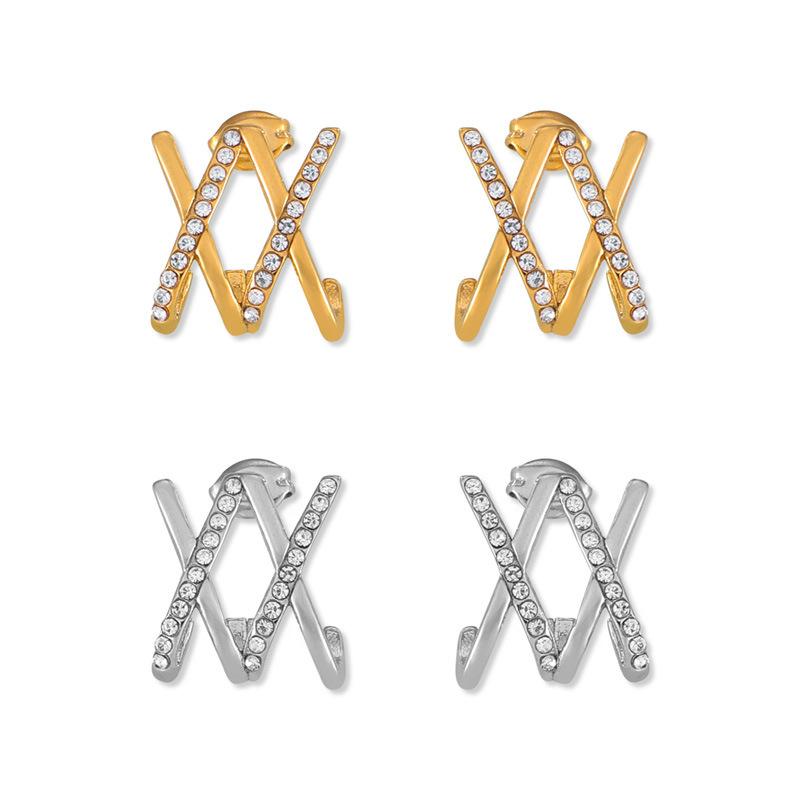 Винтажные серьги-гвоздики с крестообразной оправой и бриллиантами Niche Unique Design X Letter Temperament Titanium Steel Earrings Spot