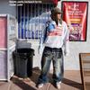 Mens Relaxed Fit Washed Denim Jeans With Vintage Letter Print Streetwear Wide Leg Trousers