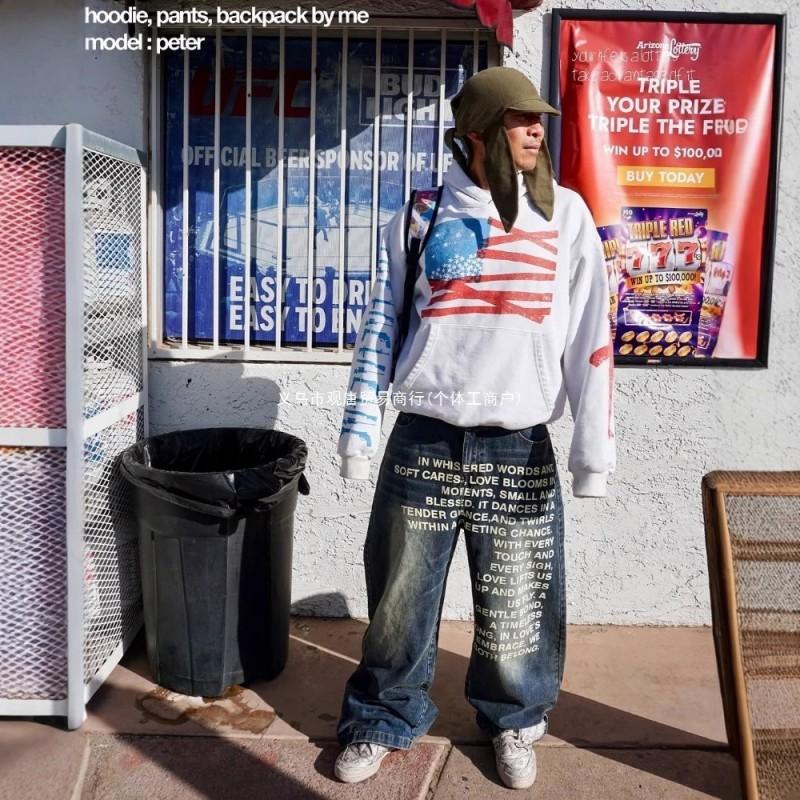 Mens Relaxed Fit Washed Denim Jeans With Vintage Letter Print Streetwear Wide Leg Trousers