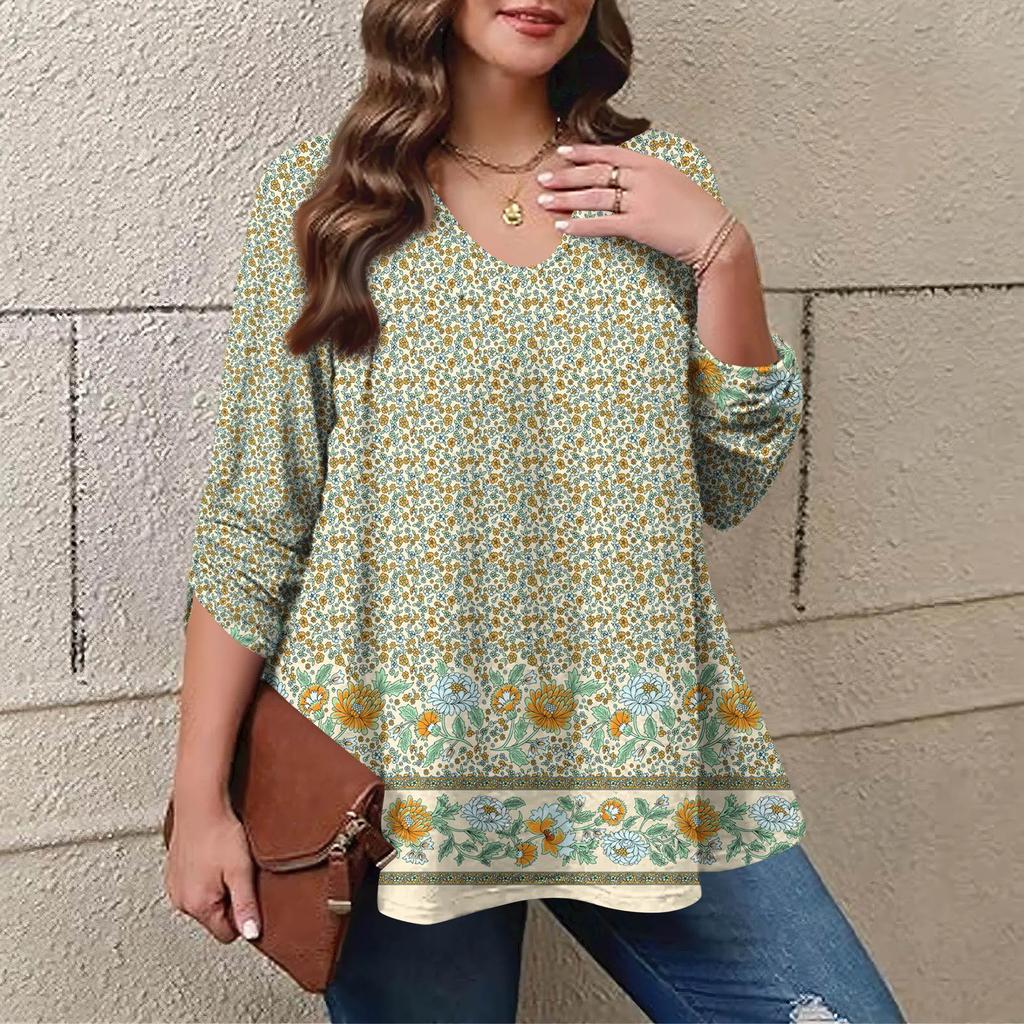 Women's Plus Size Fashion Printed Casual Pleated Round Neck Long Sleeve Top