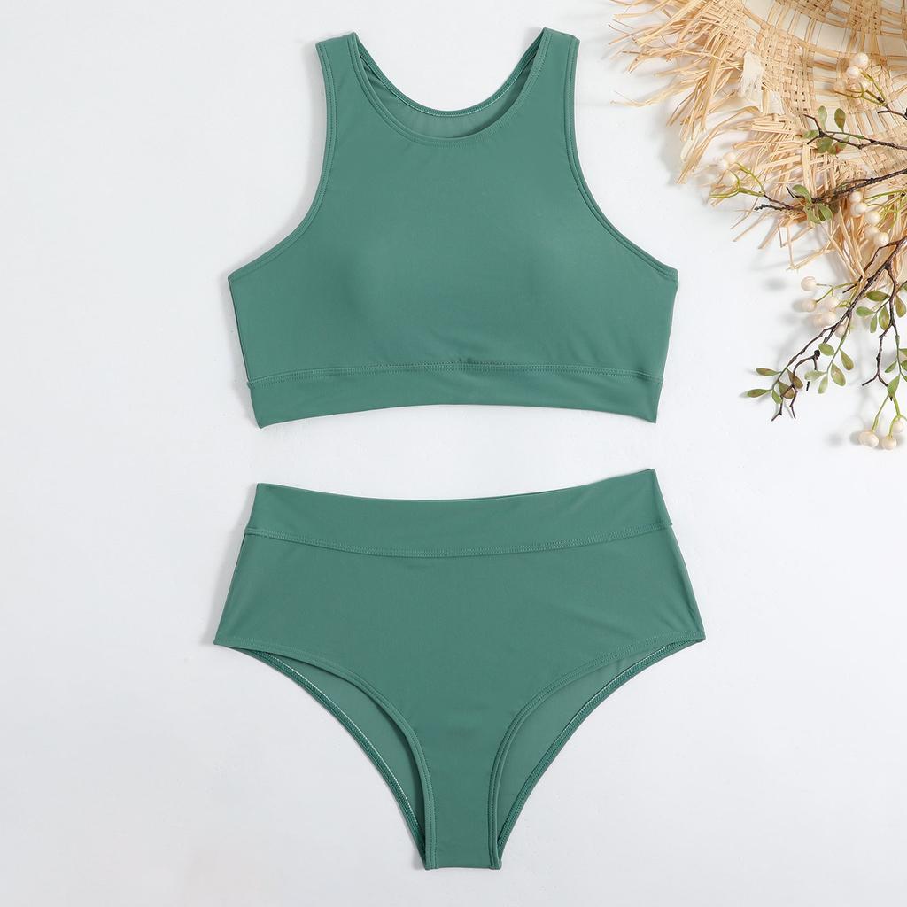 Women's Solid Color Tank Top Swimsuit Ladies Split High Waist Swimsuit Two-Piece Set