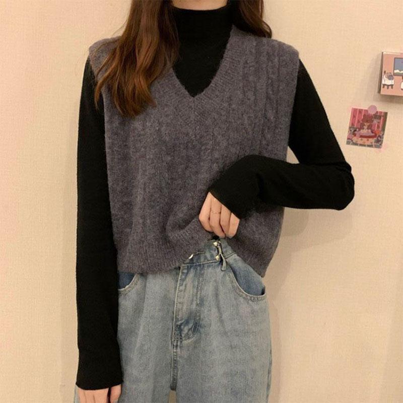 Loose V-neck Knitted Vest Women Spring Autumn and Winter Solid Color Twist All-match Waistcoat Sweater Vest