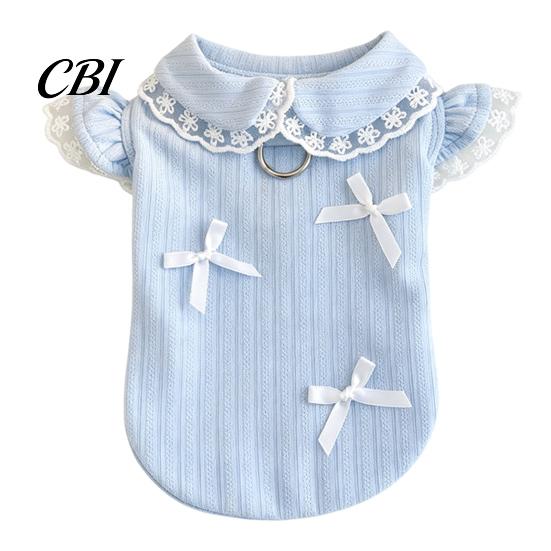 Sweet Style Pet Apparel Cute Girl Dog T-Shirt, Lace Trim Shirt with Bowknots, T-Shirt Short Flying Sleeves, Summer Female Outfit for Small Dogs Bow