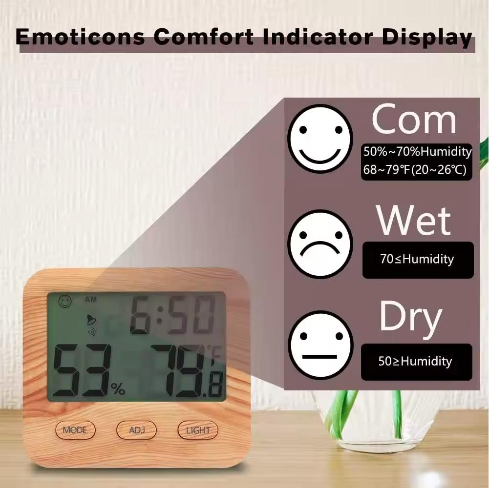 Indoor Digital Thermometer Hygrometer Alarm Clock Home Temperature Humidity Monitor LCD Screen Backlight ABS Table Thermometer
