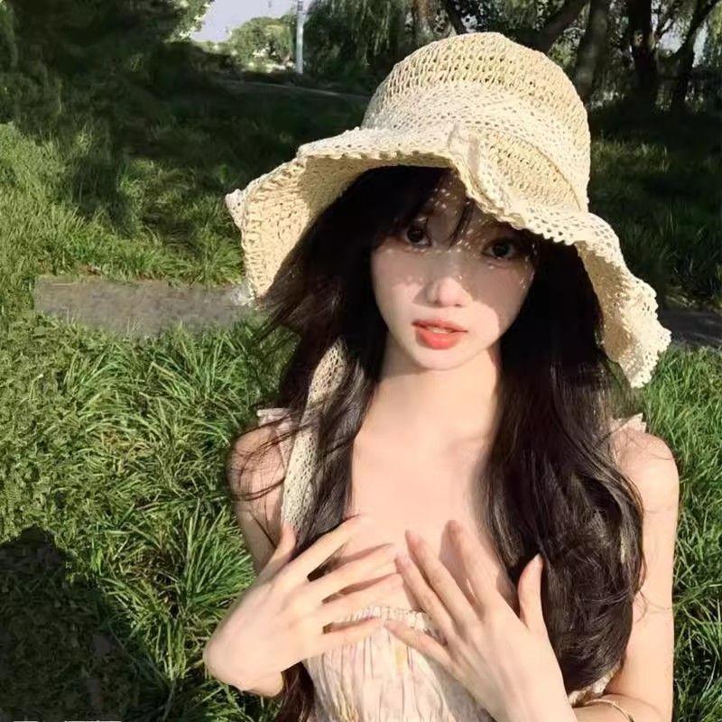 Женская соломенная шляпа, женская летняя солнцезащитная пляжная шляпа для прогулок, кружевная кайма, солнцезащитная шляпа