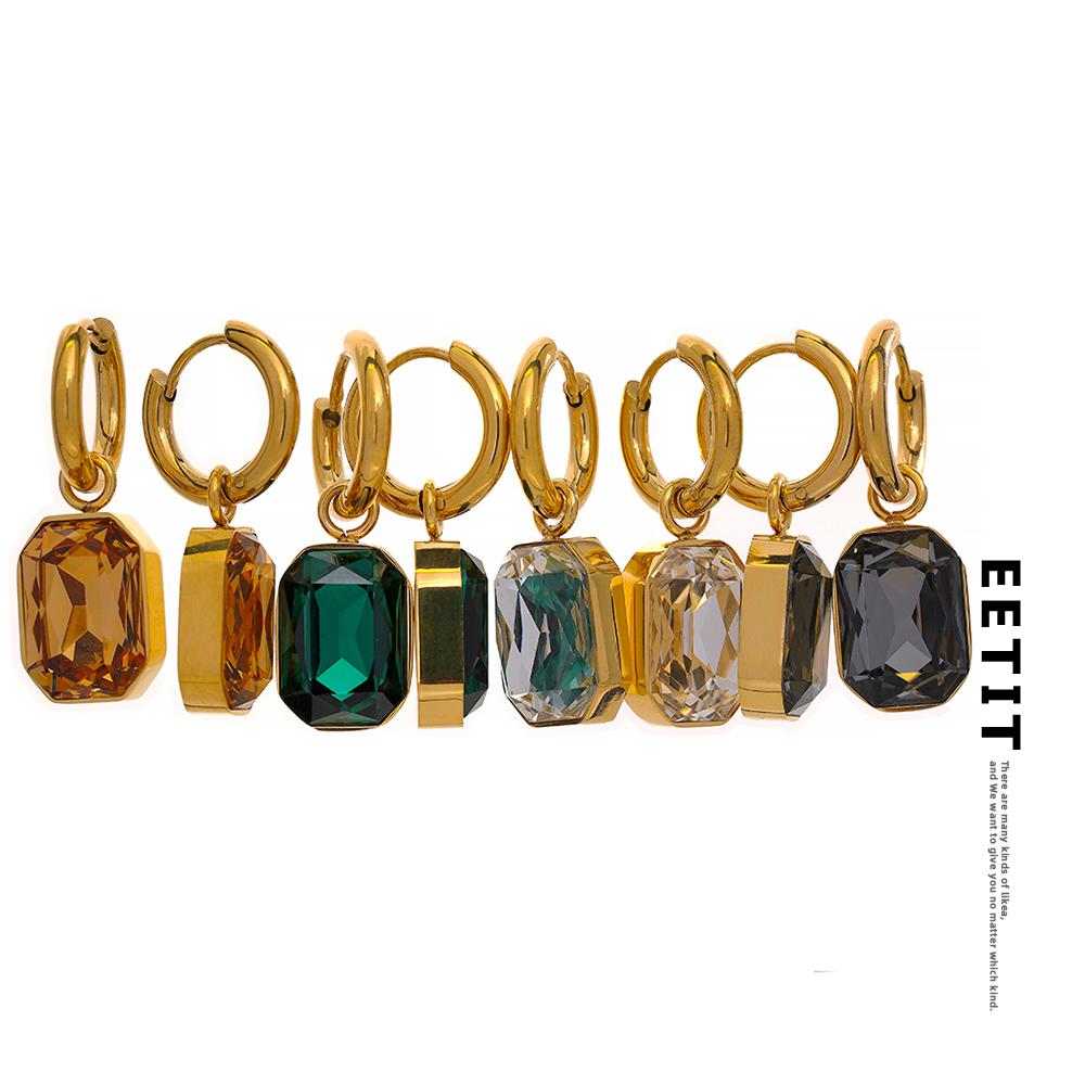 Eetit Stainless Steel Cubic Zirconia Drop Dangle Charms Trendy Earrings Green Square Geometric Earring Jewelry