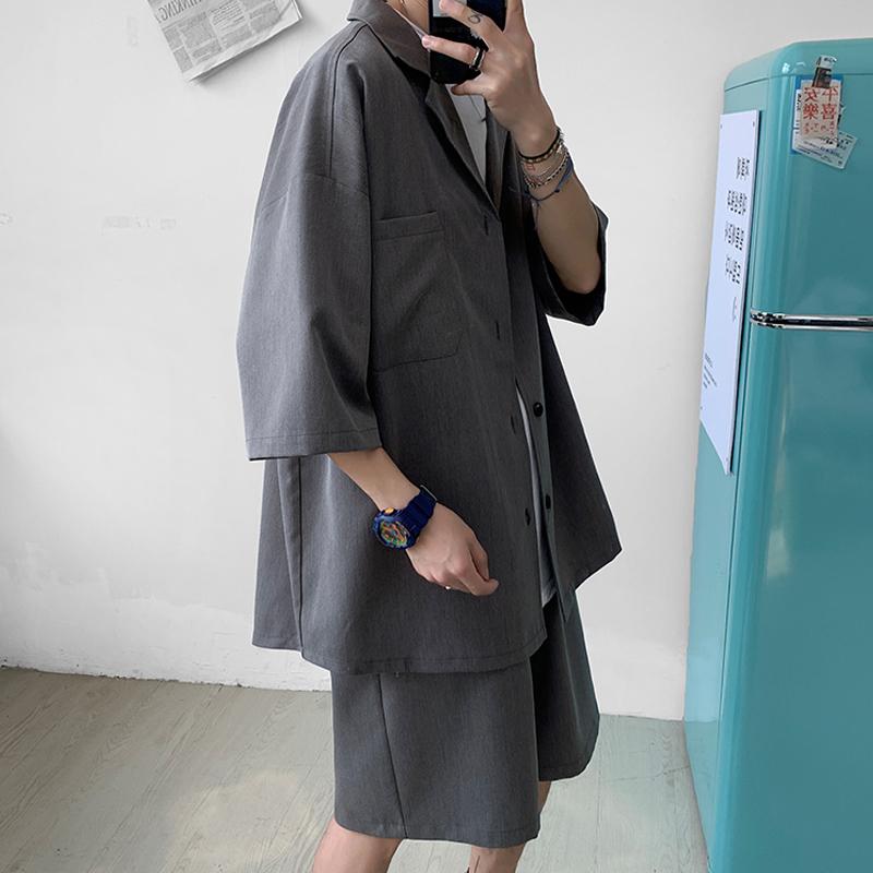 M-5XL большой корейский стиль для мальчиков и мужчин комплект костюма рубашки + шорты ДВА фото однотонная тонкая уличная одежда с карманами для подростков длиной до колен летняя одежда костюмы для мужчин