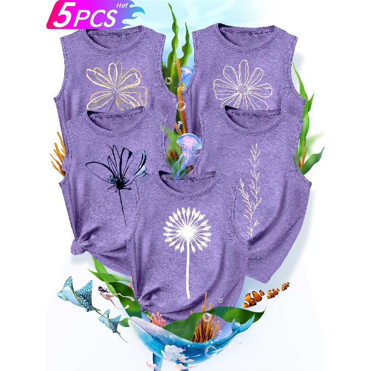 Five-piece set of sister and best friend outfits with plant-themed dandelion leaf and flower prints, fashionable retro style women's summer casual