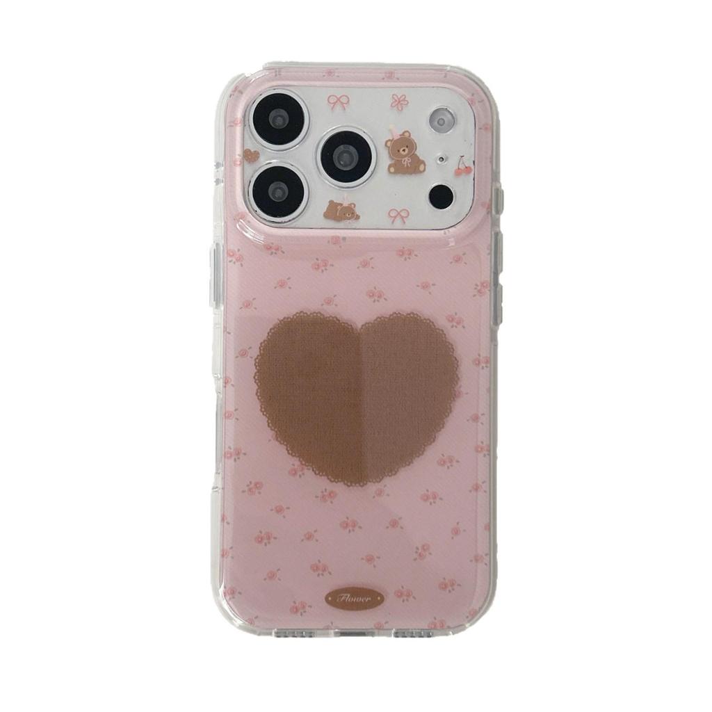 3D Чехол для телефона с мишкой и цветами для iPhone 17/16 Pro Max/15/14 - Девочковый дизайн с сердцем