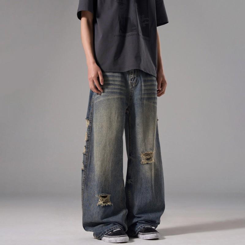 Mens Loose Straight Fit Ripped Washed Jeans Vintage Streetwear Vibe Casual Denim Pants