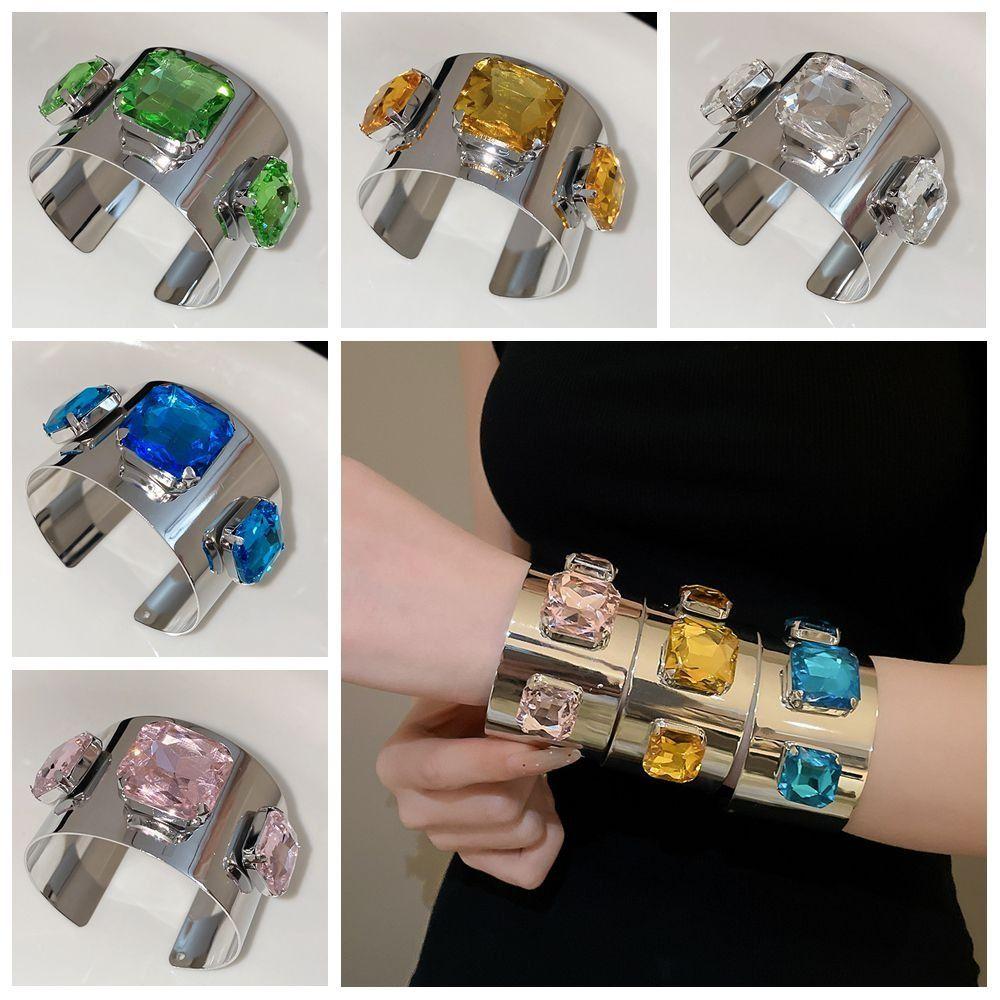 Rhinestone Wide Cuff Bracelet Glossy Metal Open Bangle New Statement Bracelet Daily Wear