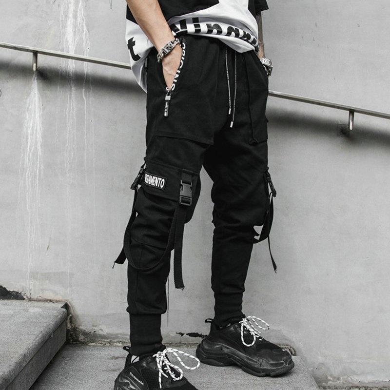 Hip Hop Joggers Men Black Harem Pants Multi-pocket Ribbons Man Sweatpants Streetwear Casual Mens Pants