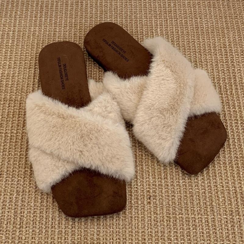Мода Мода Хлопок Уютное Меховое Платье Женские Плоские Тапочки 2025 Зима Повседневные Дизайнерские Новые Тапочки Для Улицы Удобные Женские Тапочки