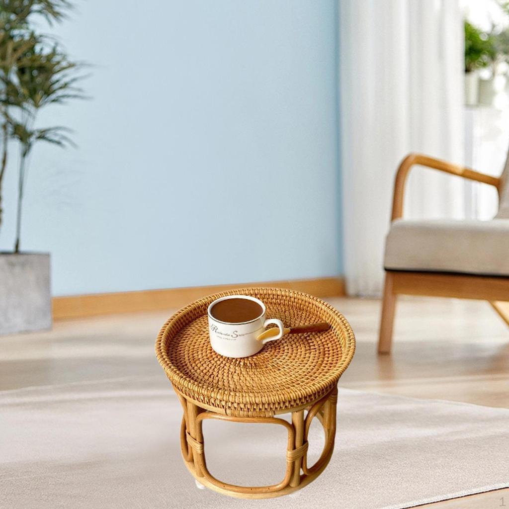Боковой столик из ротанга, декоративный подставка для кофе, лоток для хранения, прикроватная тумбочка с круглым концом для спальни