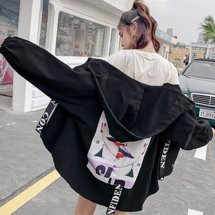 Casual Denim Jacket Women Trendy Print Coat Korean Style Loose Hooded Tops Retro Chic Short Clown Print Jackets Womens Clothing