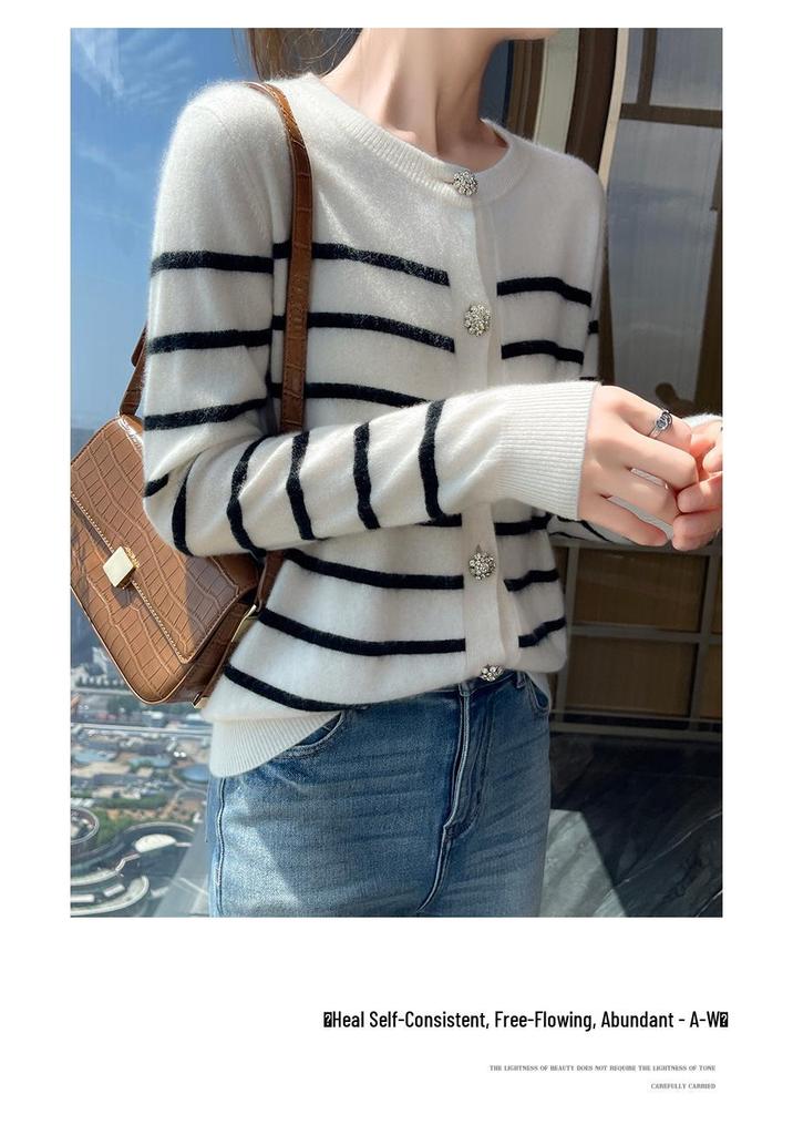 Women's Autumn Winter Cashmere Stripe Knit Cardigan - Round Neck, Versatile Loose Sweater