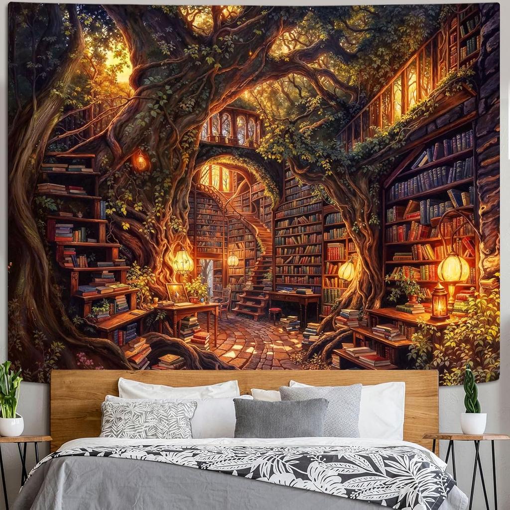 Accnicc Forest Library Tapestry Tree Bookshelf Tapestries Wall Hanging Vintage Fantasy Fairy Treehouse Book Large Tapestry for Bedroom Living Room Dor