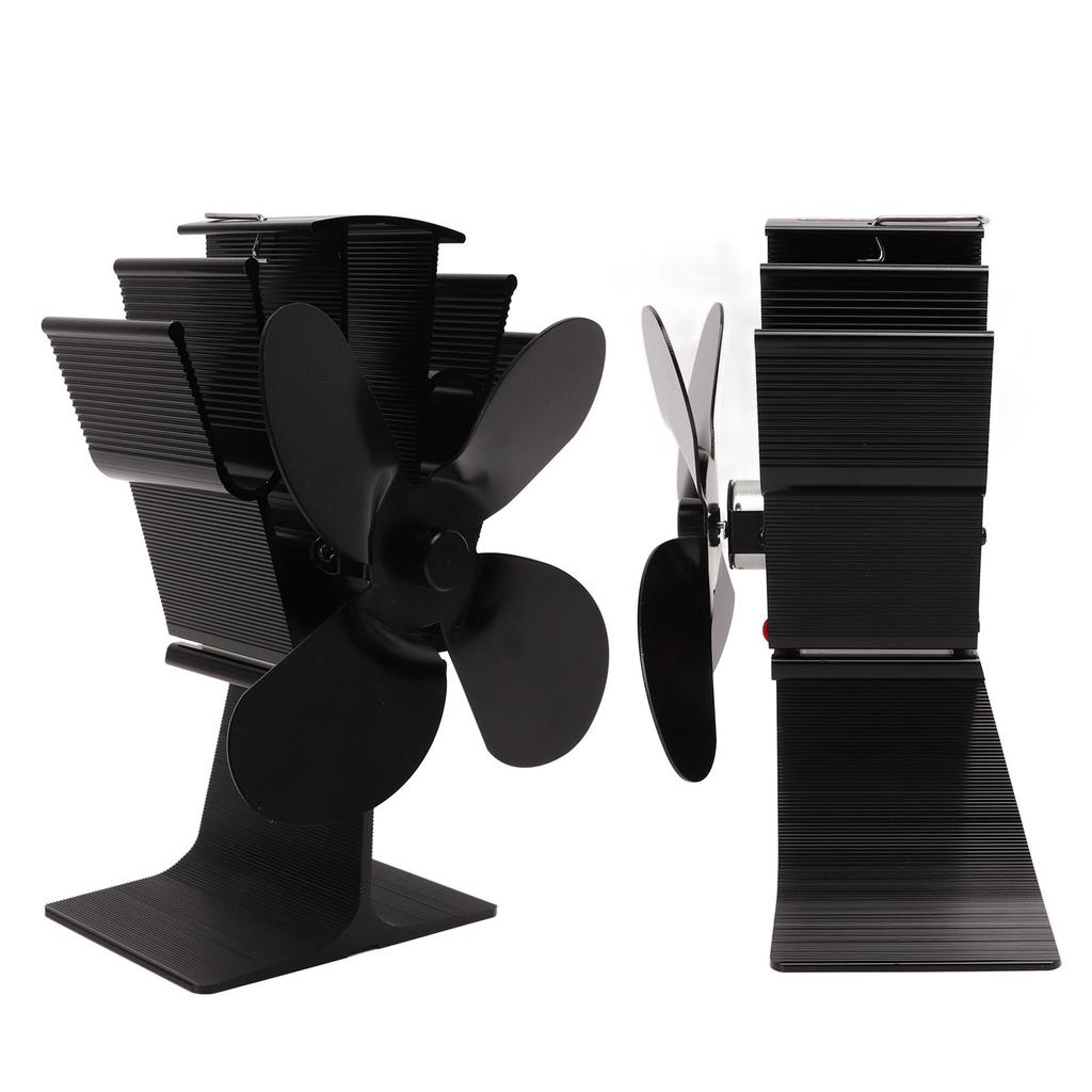 Heat Powered Fireplace Fan 4 Blades Aluminum Alloy Stove Fan High Temperature Proof Black Eco