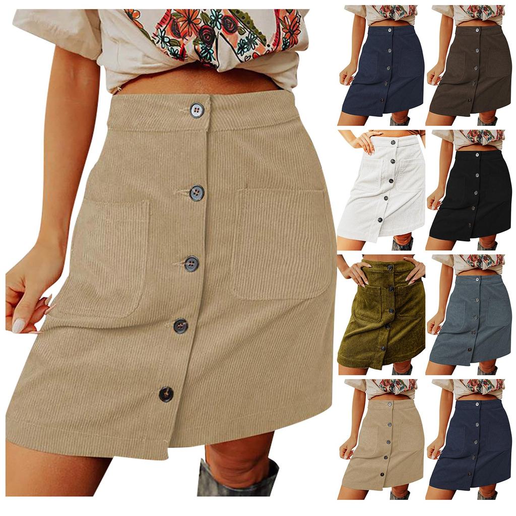 Women's Fashion Solid Color High Waist Corduroy Skirt Button Design Short Skirt