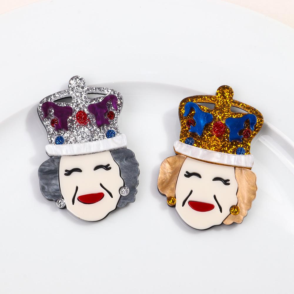 New Elegant Queen Elizabeth II Acrylic Brooches for Women's Clothing Glitter Crown Granny Figure Badges Pins Brooch Cute Jewelry