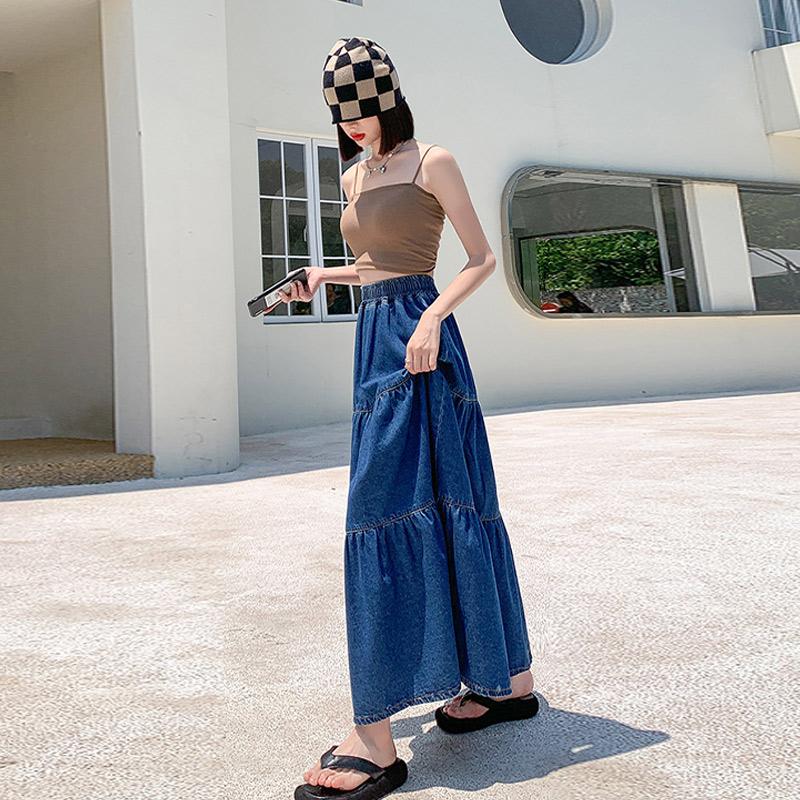 Cake Denim Skirt Women's Elastic High Waisted Solid Color A-line Skirt Commuting Harajuku Style 2025 Spring New Fashion