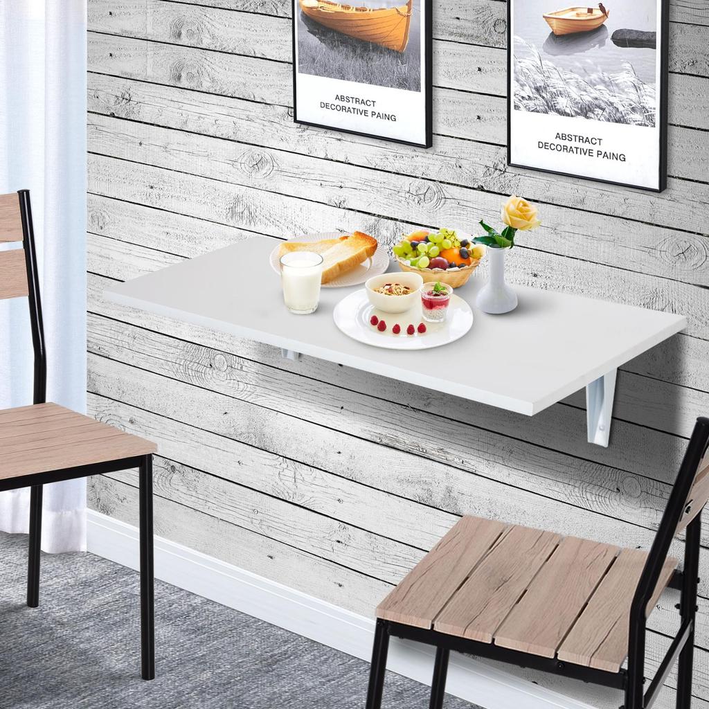 Wall-Mounted Folding Table Wooden Drop-Leaf Wall Table Space-Saving for Kitchen Dining Room Bedroom 60x40x20 cm White