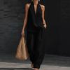 Cotton Linen Blend Sleeveless Pantsuit With Patching For Casual Women Spring Summer