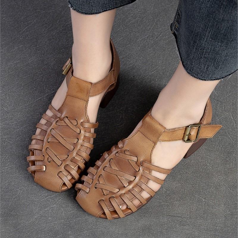 Johnature Трикотажные дышащие сандалии с открытыми отверстиями, женские удобные туфли из натуральной кожи в стиле ретро на толстом каблуке